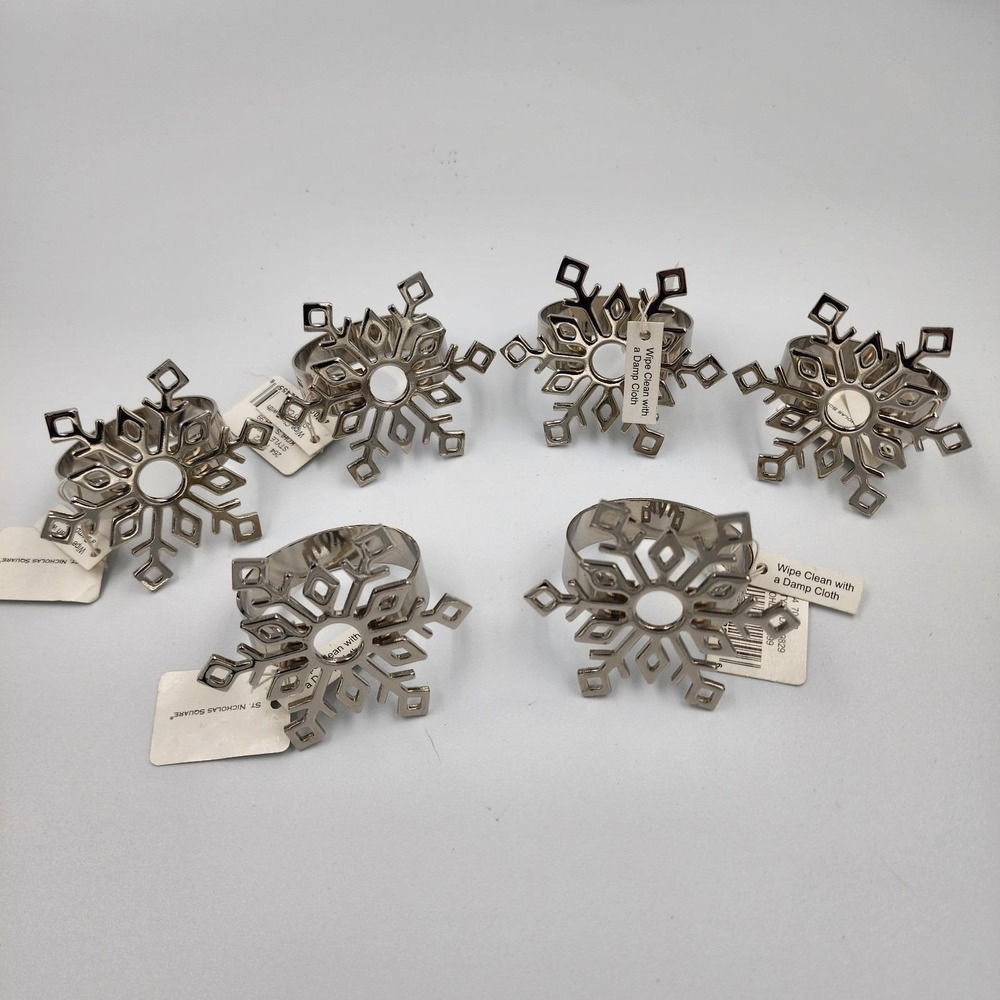 St Nicholas Square Set of‎ 6 Silvertone Christmas Snow Flake Napkin Rings NWT